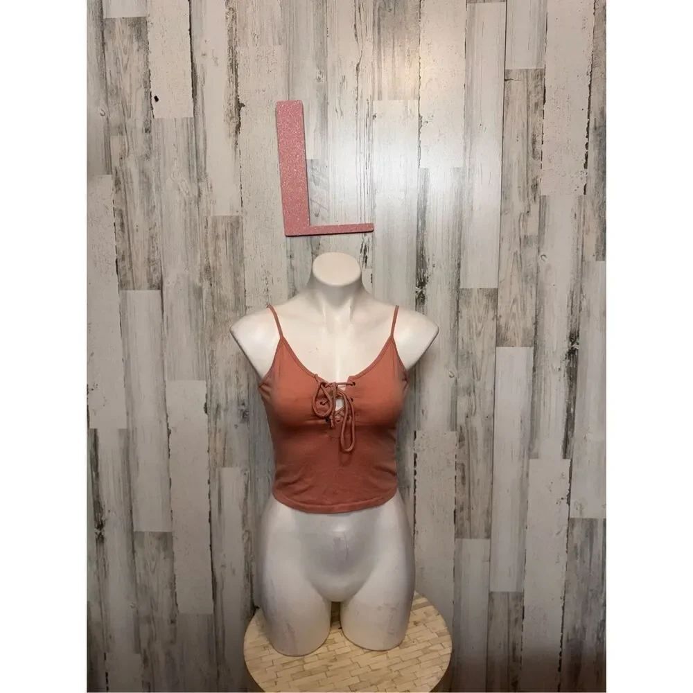 Ambiance Lace Up Crop Tank Top Rust Orange Cami Stretch Casual Size L